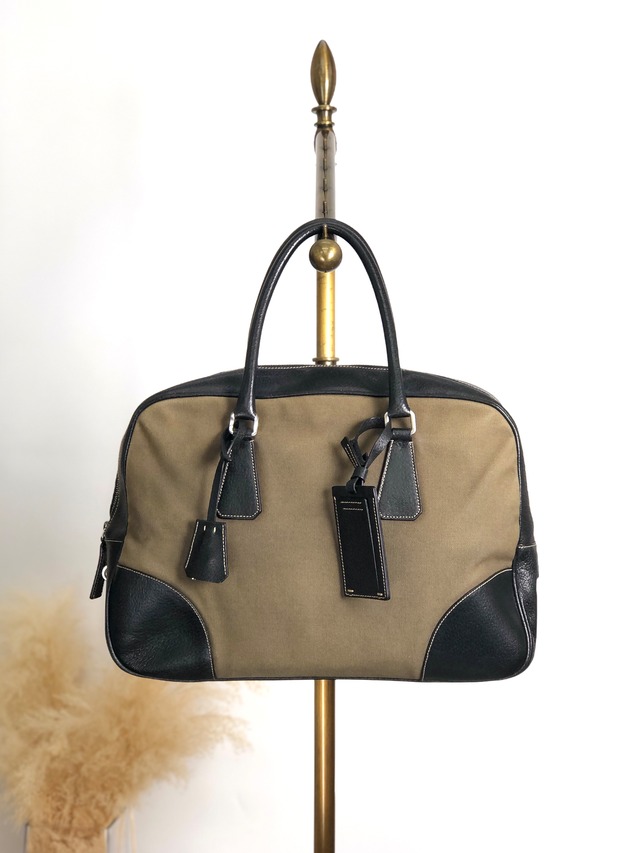 PRADA プラダ ハンドバッグ ブラック×ベージュ コンビ レザー×キャンバス ボストンバッグ vintage ヴィンテージ オールド 7dekxx