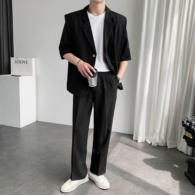 【予約販売】メンズ セットアップ スーツ 無地 七分袖 シック こなれ感 オーバーサイズ シンプル 韓国 男前 ブラック/ホワイト ジャケット パンツ セット セットアップ ビジネス 通勤 フォーマル パーティ 二次会 同窓会 結婚式 韓国 トレンド 春 大きいサイズ M/L/XL/2XL/3XL