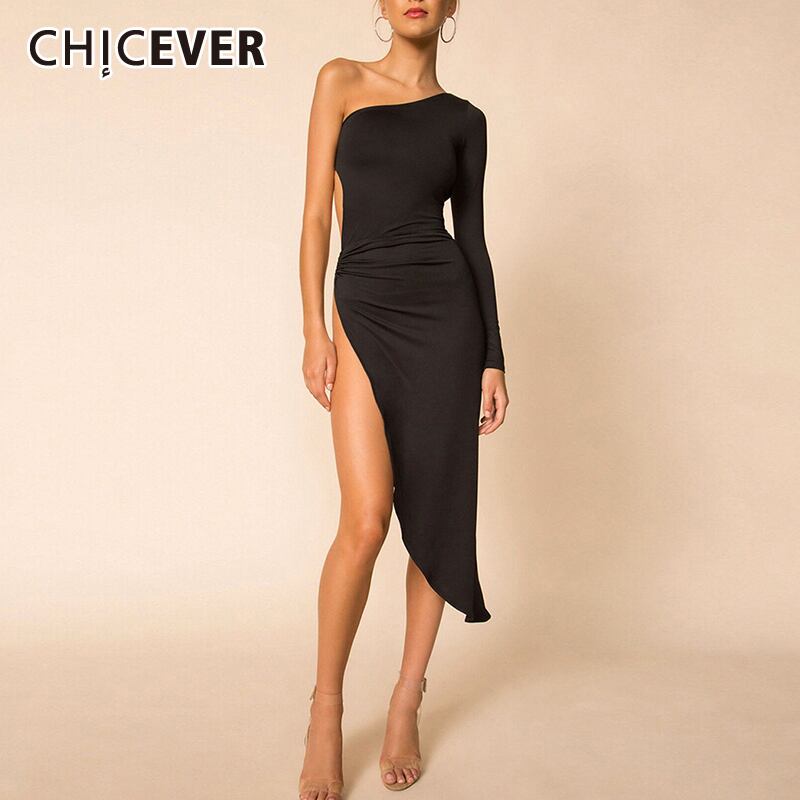 CHICEVERセクシーなパーティードレス女性非対称カラー長袖ワンオフシューダー中空アウトサイドスプリットドレス2020 ロング 6base581119699365