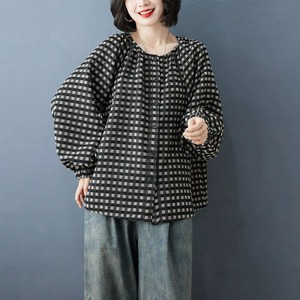 CHECKERED LANTERN SLEEVES SMOCK STYLE DESIGN SHIRT 1color M-16195