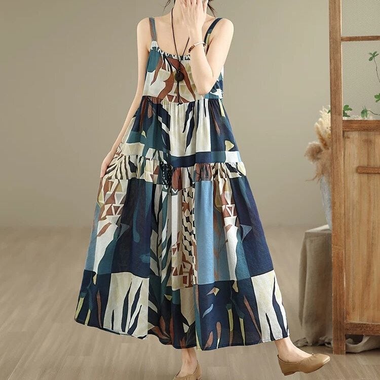 PRINT A-LINE LONG TIERED STRAP DRESS 7colors M-16764