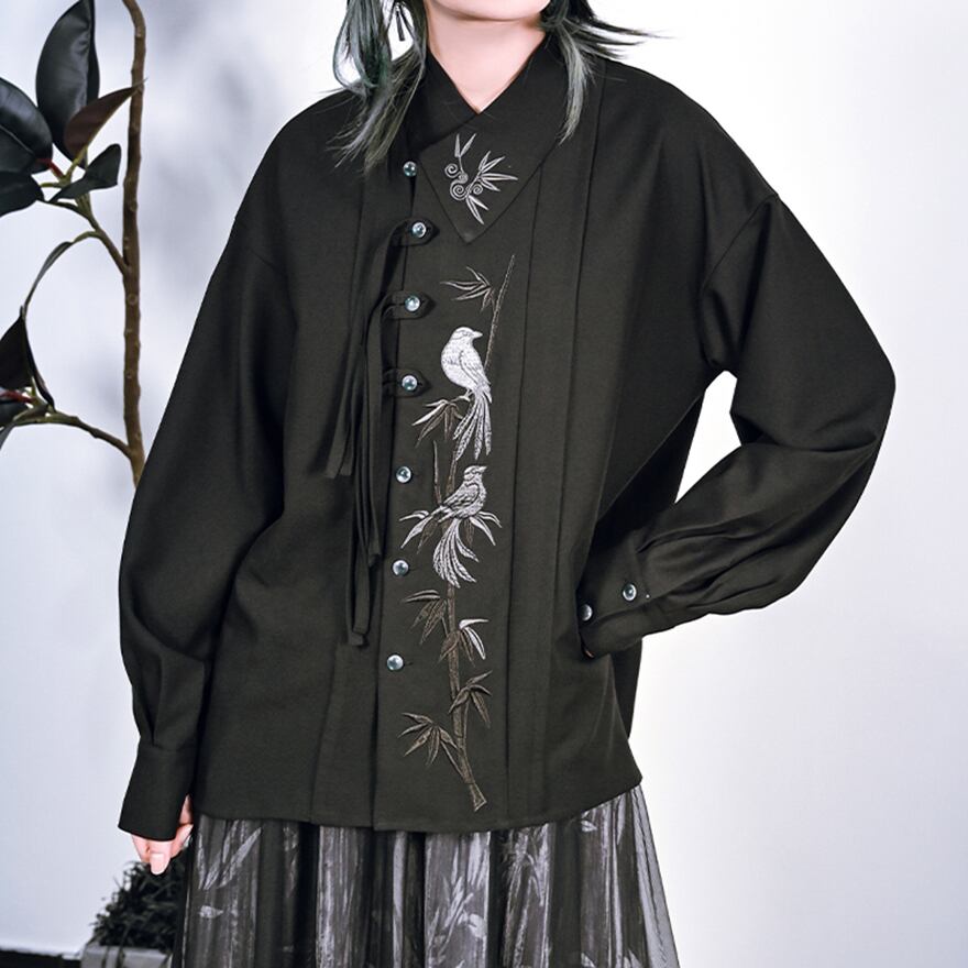 サブカル 服 地雷系 通販 チャイナ風 中華系 チャイナ風服 古怪舎 長袖シャツ ブラウス 刺繍 鳥 笹 バンブー 大人かわいい エレガント ダークファッション