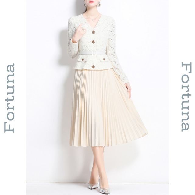 レース風シングルブレストジャケットとミモレ丈プリーツスカートのレイヤードワンピース　F00435