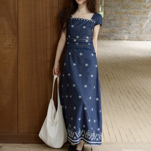 floral embroidered square neck long dress