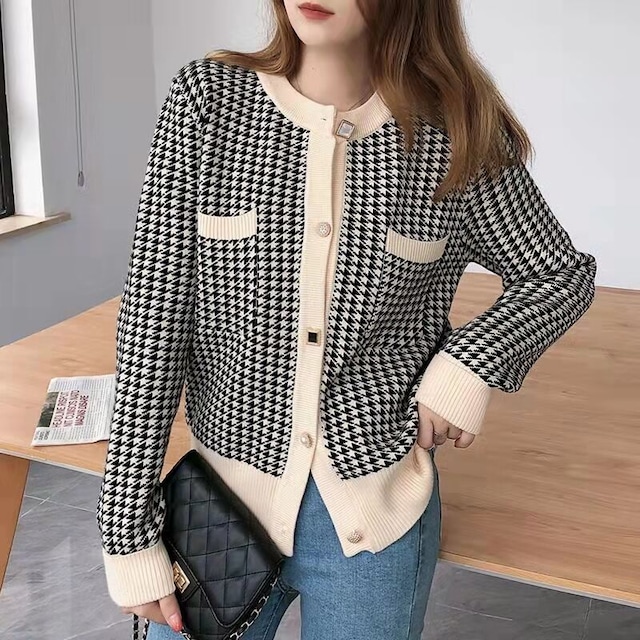 アシメボタン グレンチェックカーディガン ブラック NI00088 アシメボタン グレンチェックカーディガン ブラック NI00088