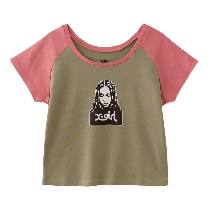 【X-girl】FACE RAGLAN S/S BABY TEE / BEIGE【エックスガール】