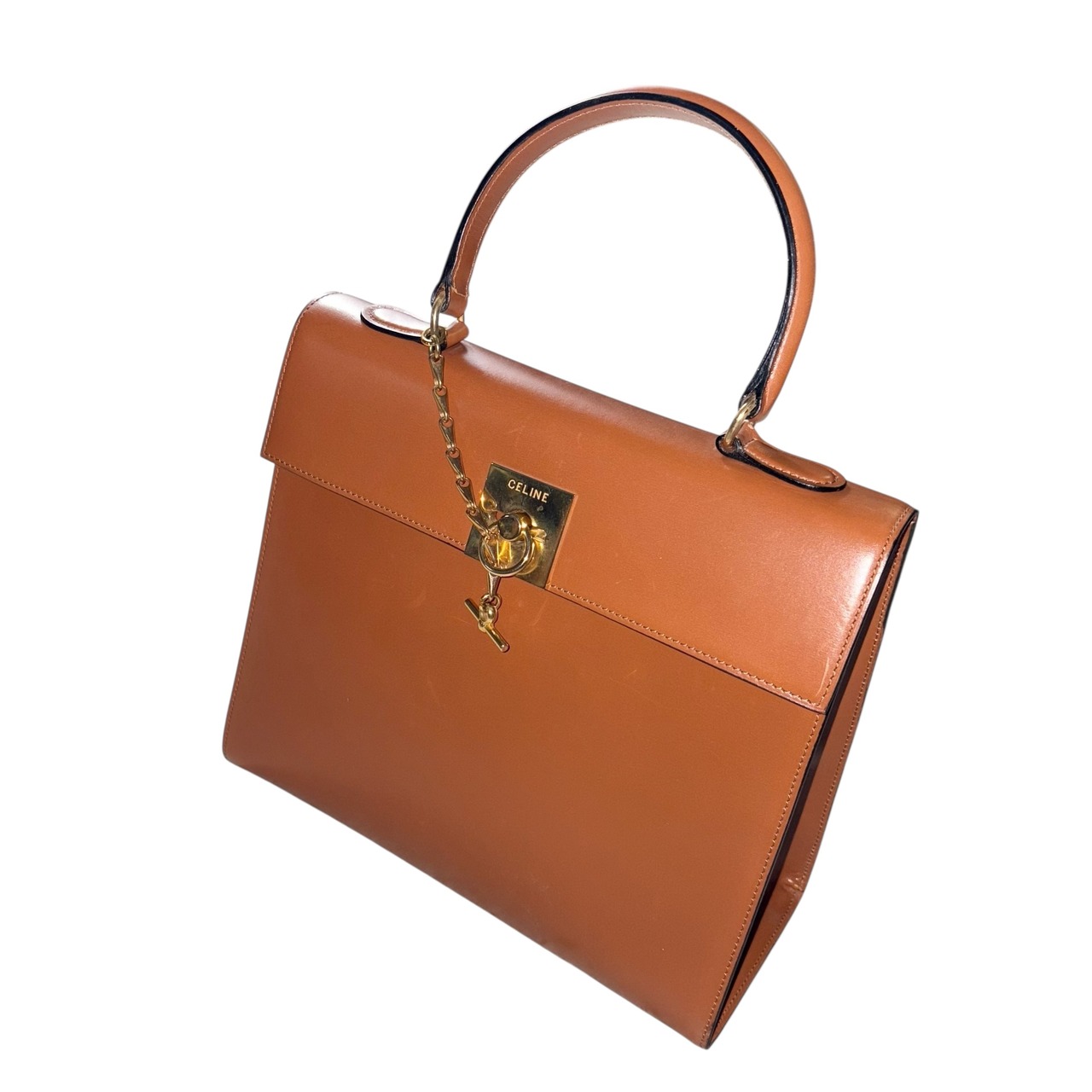 vintage CELINE brown leather hand bag with T-bar