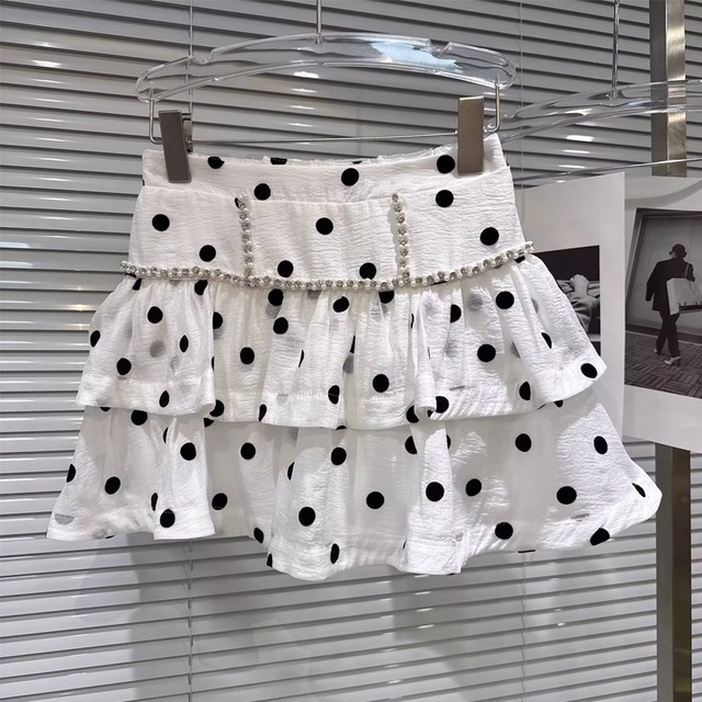 【bottoms】ドット柄ティアードスカート Q7900