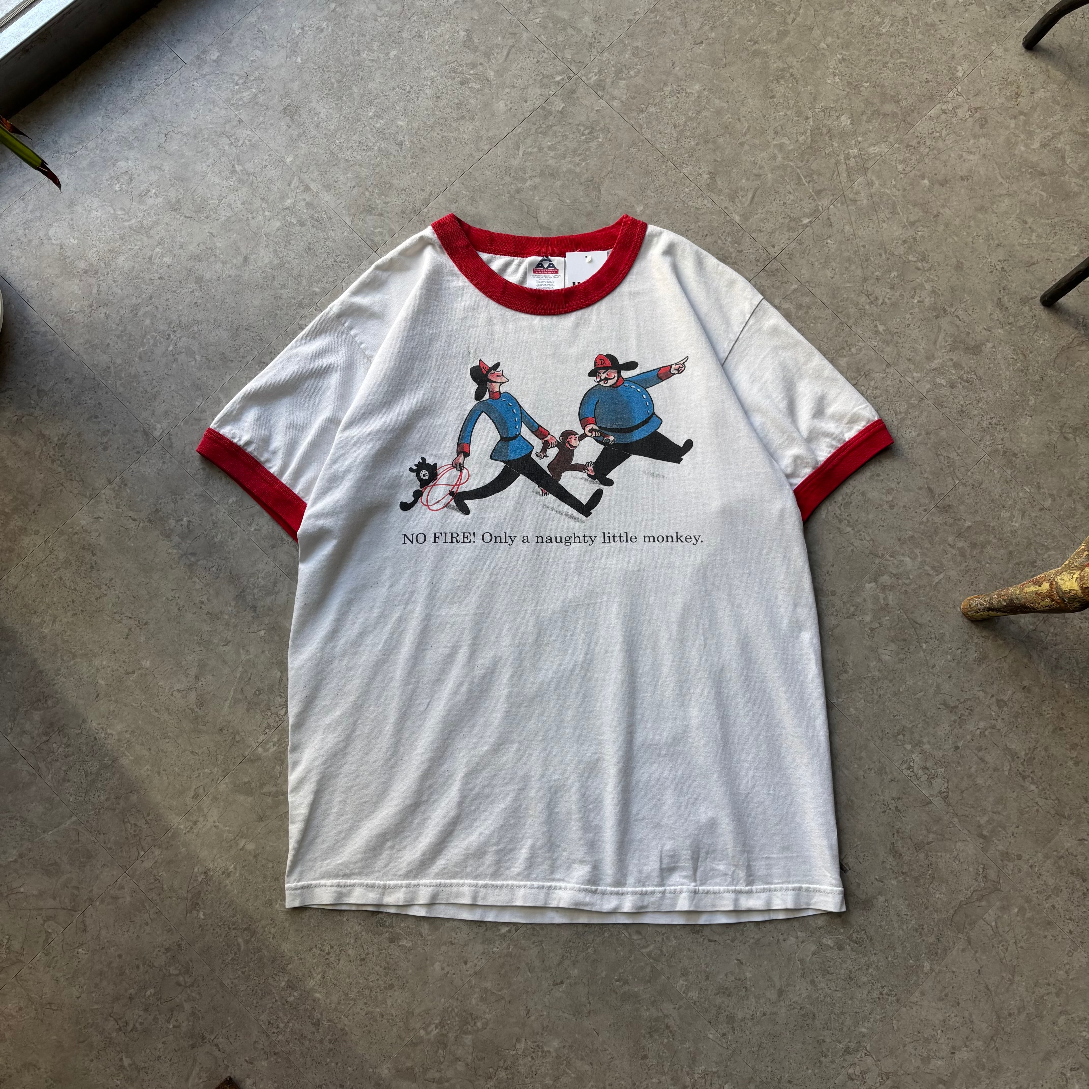 ~00s Curious George "NO FIRE!" ringer T-shirt【仙台店】