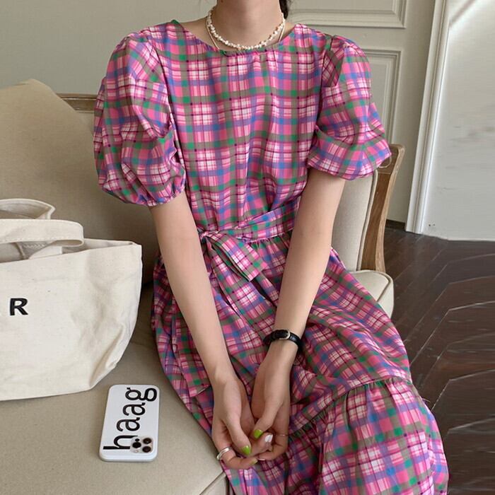 送料無料 ワンピース マーメイド フリル チェック柄 チェックワンピ レディース 夏 ロングワンピース ロング丈 マキシワンピース マキシ丈 リゾート ワンピース リゾートドレス リゾート スクエアネック 半袖 ハイウエスト フレア ウエストマーク リボン りぼん 夏