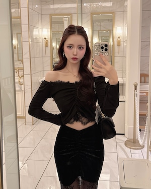 レースギャザーデザイン2wayトップス