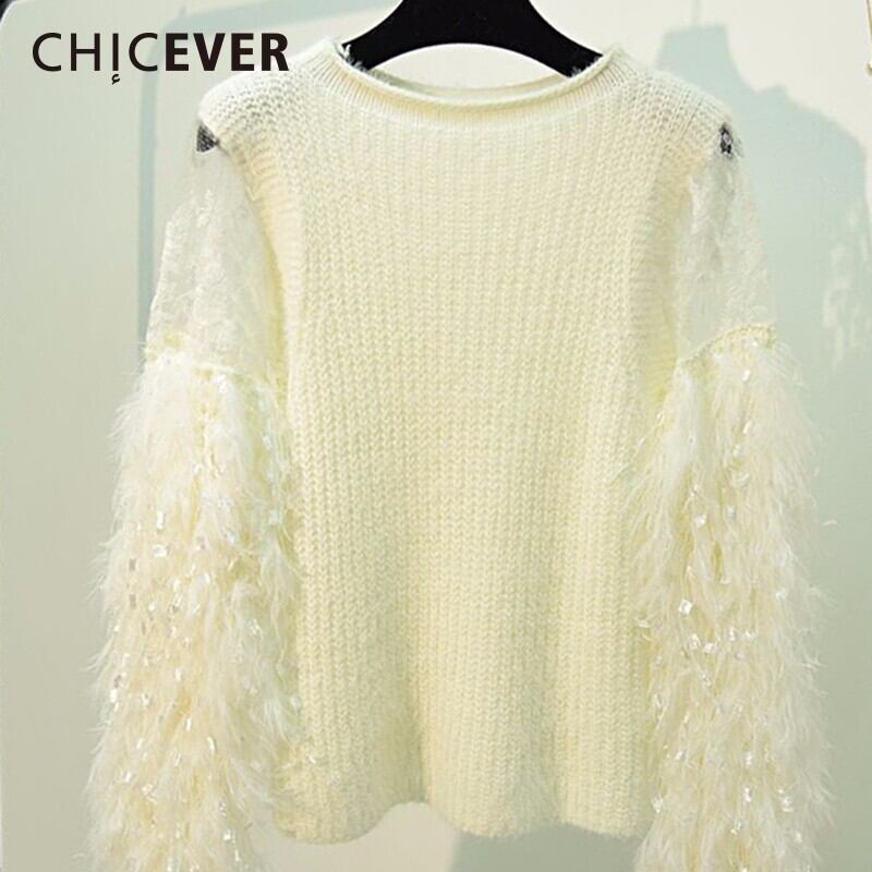 CHICEVERパッチワークメッシュレース秋セーター女性ルーズニットプルオーバー冬服 オータム 秋物 ウィンター 冬物 6base567130916143