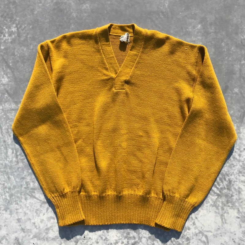 60's Lamd Knit Vネックウールセーター プレーン マスタード 美品 L位