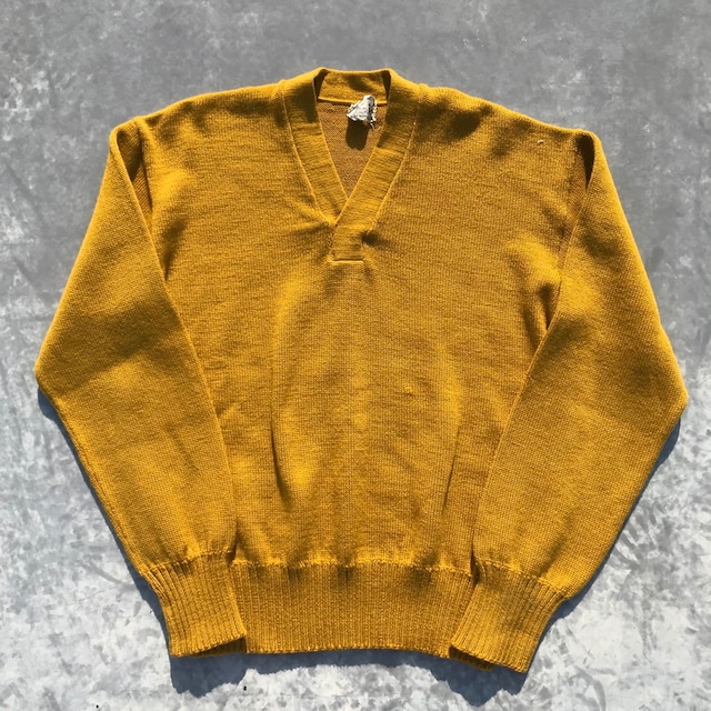 60's Lamd Knit Vネックウールセーター プレーン マスタード 美品 L位 リブ長 希少 ヴィンテージ