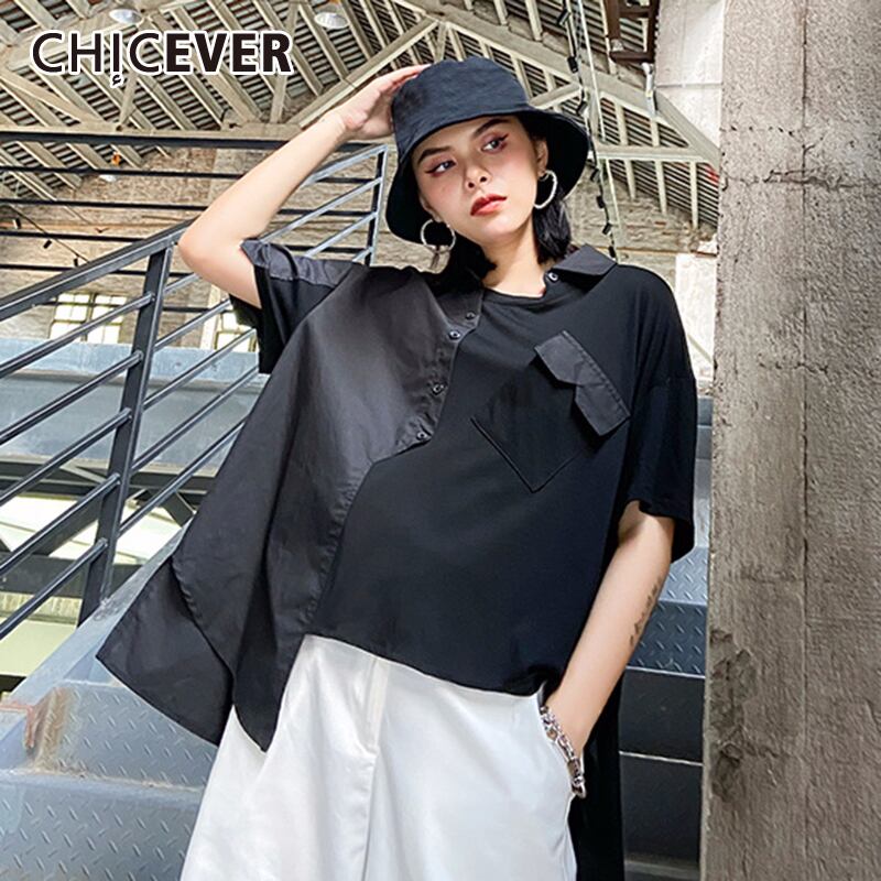 CHICEVERパッチワークアシンメトリーレディースTシャツOネック半袖イレギュラールーズシャツ2020Tide ショート ハーフスリーブ 6base590774444003