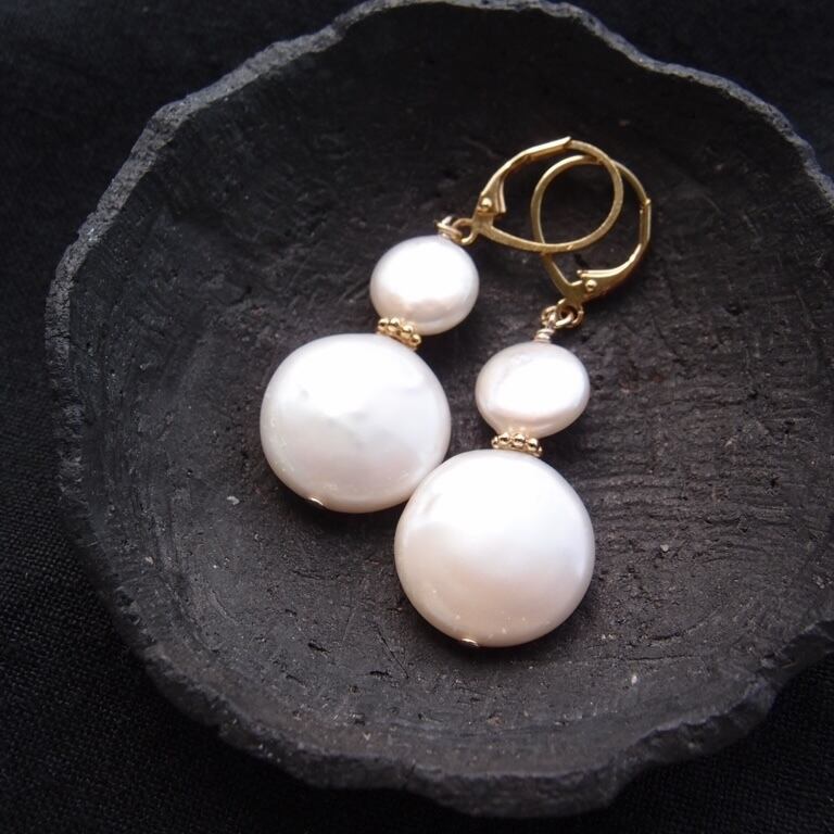 【GP】Double Coin Pearl Earrings/ダブルコインパール フレンチピアス