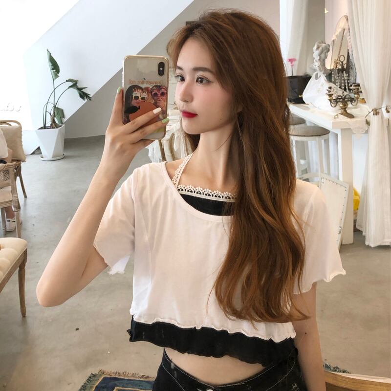 レースラウンドネックルーズショート ショート丈 ミニ ミニ丈Tシャツ