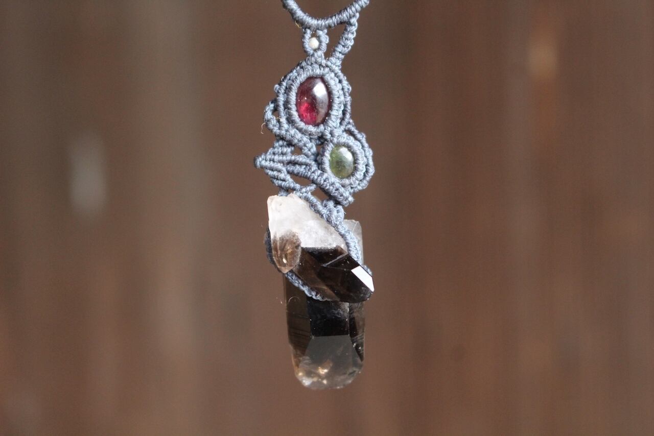 Cairngorm  & Rhodolite Garnet & Green Tourmaline micro macrame necklace