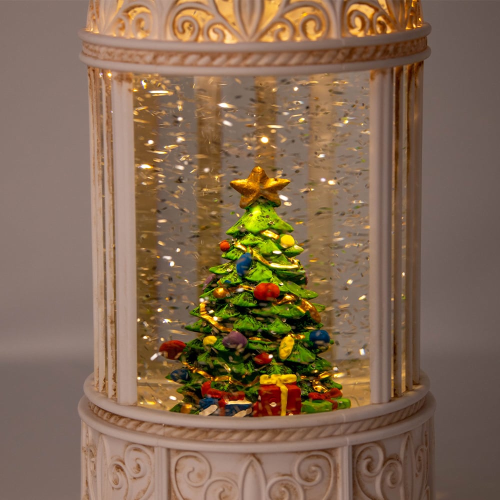 ホワイトランタン型クリスマスツリーLEDスノードーム(10284) | 一年中
