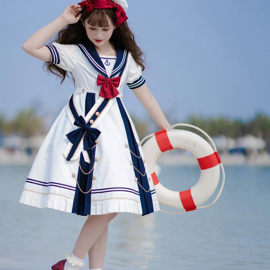 ゆめかわいい ワンピース セーラー服 マリンコーデ ふんわり ネイビー