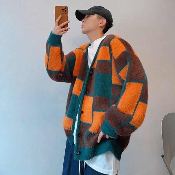 予約販売】カーディガン ニット セーター ブロック柄 総柄 メンズ
