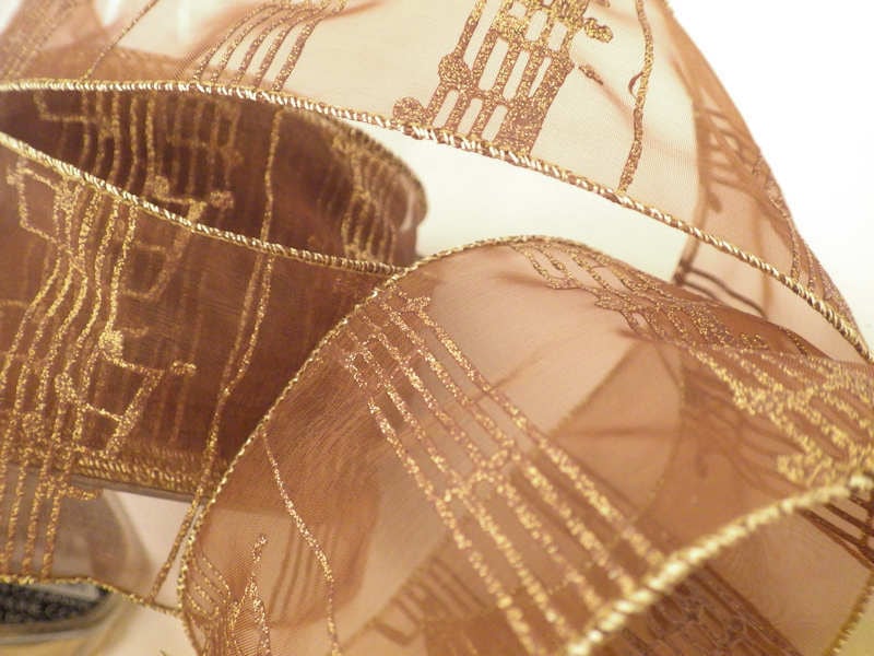 オーガンジー ワイヤー入りリボン 楽譜 ブラウン（幅74mm) | 音楽雑貨