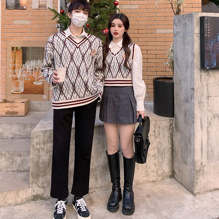 送料無料 着映えなダイヤ柄ニット トップス 長袖 オシャレ カップルコーデ 学校 レイヤード Lamitte Deco トレンド 韓国ファッション ショップ Base店