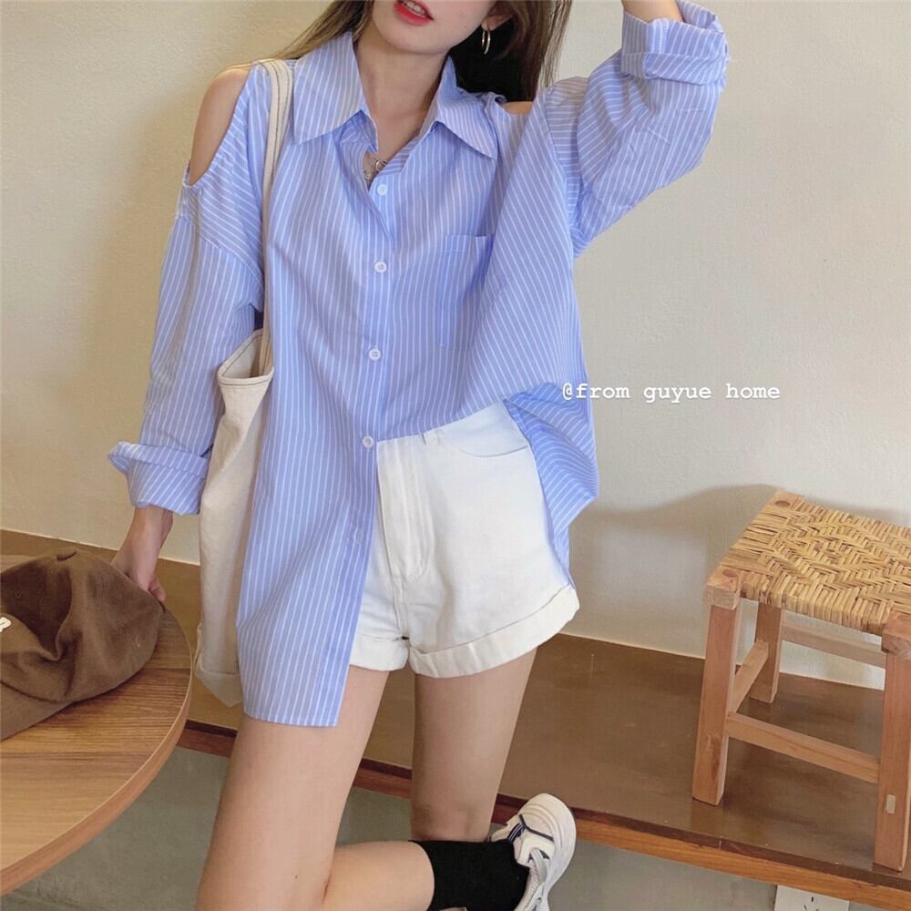 ルーズシャツ サマーストラップレススタンダードストライプトップス ロング レトロ 夏物 モンロー52638470718