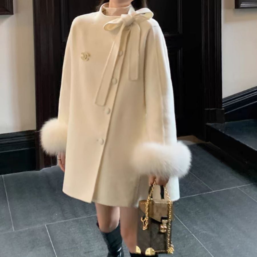 Fur sleeve wool coat 2409182