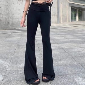 パンツ ボトムス レディース 黒 タイト ハイウエスト レース デザイン ワイド フレアパンツ 無地 足長効果 ブーツカット 細見え きれいめ 大人 ybh2287
