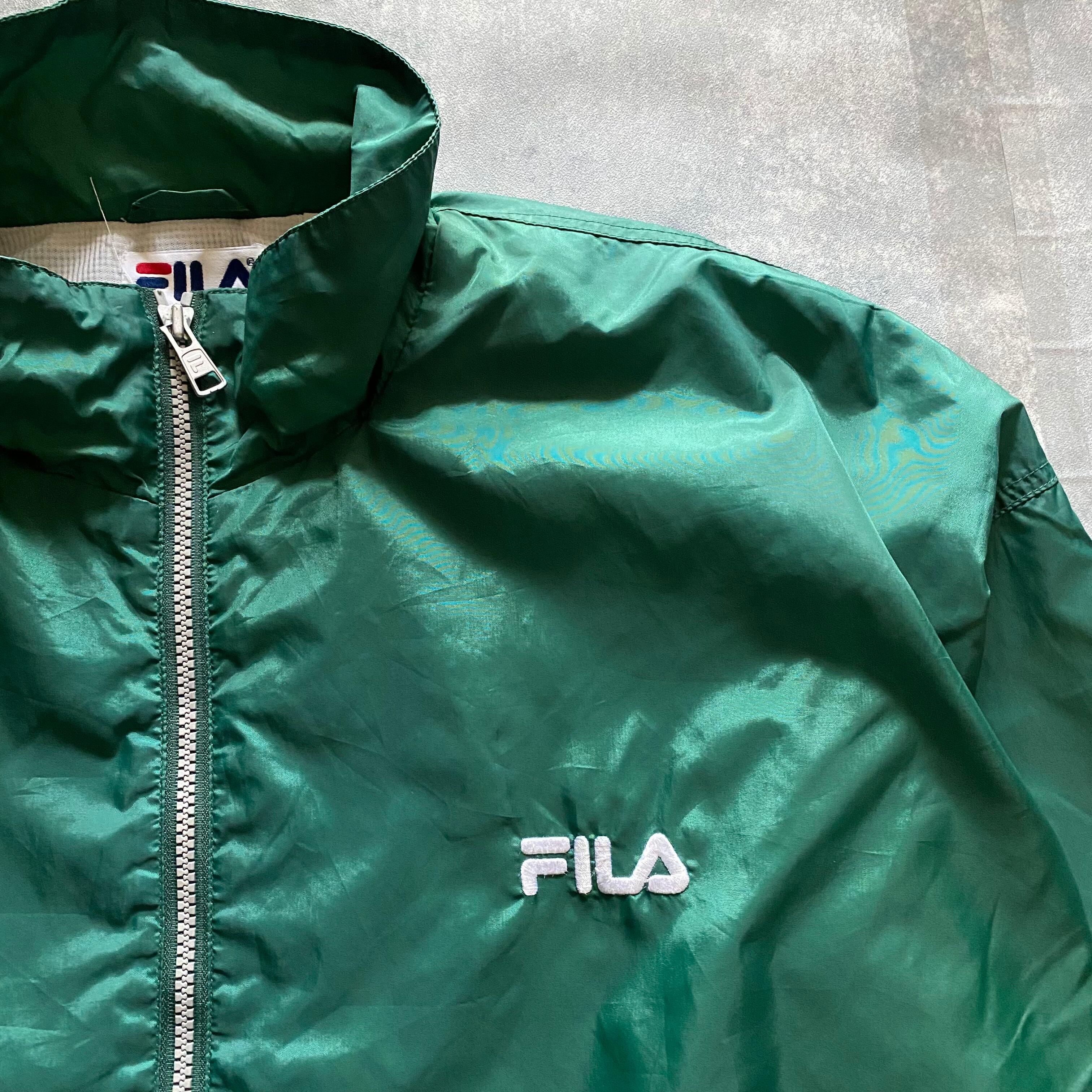 【90s】FILA ナイロン ジャケット フード 蛍光 グリーン  刺繍