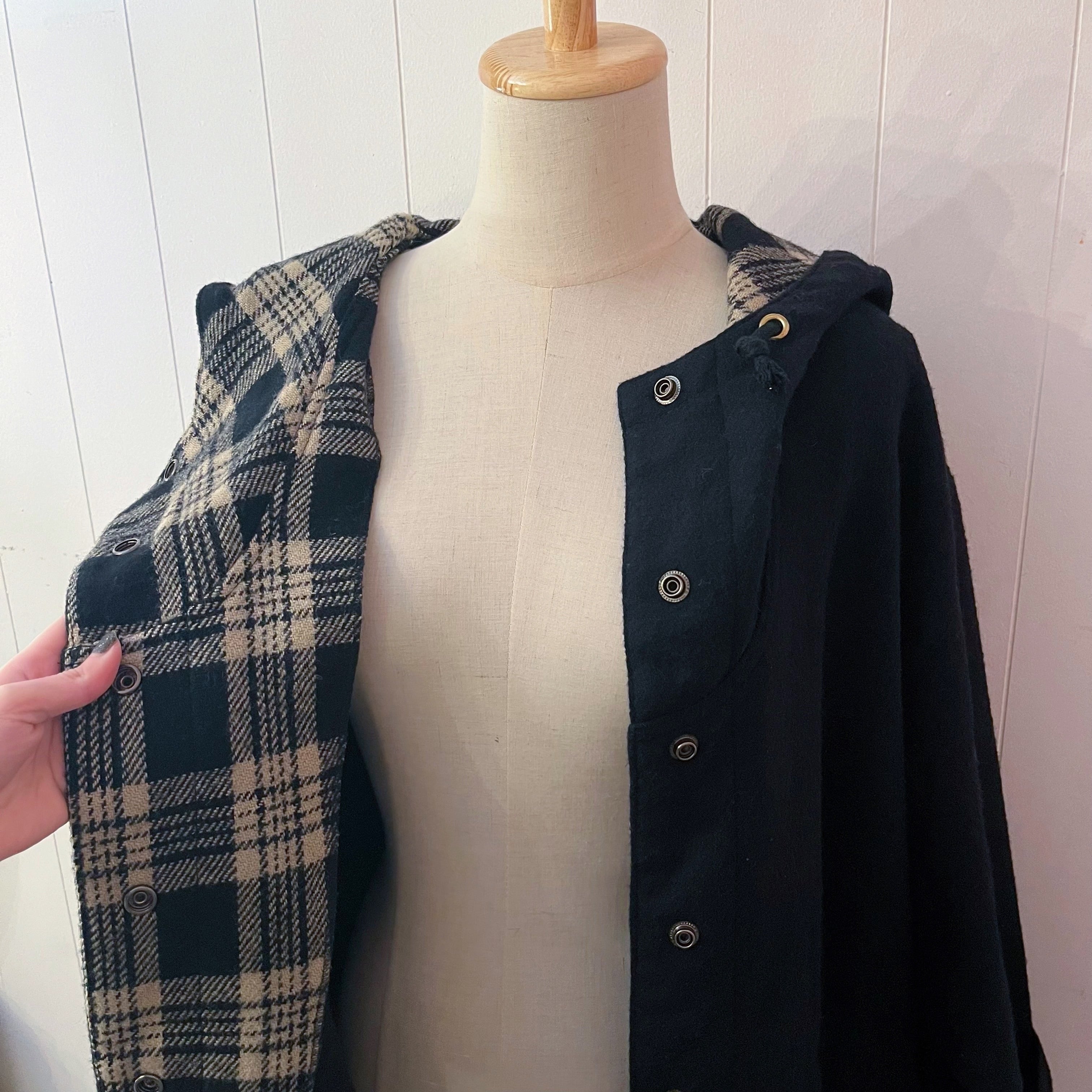black beige check hoodie coat