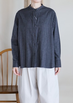 HAND ROOM WOMEN'S - シャギービエラ ストライプ バンドカラーシャツ - Grey/White