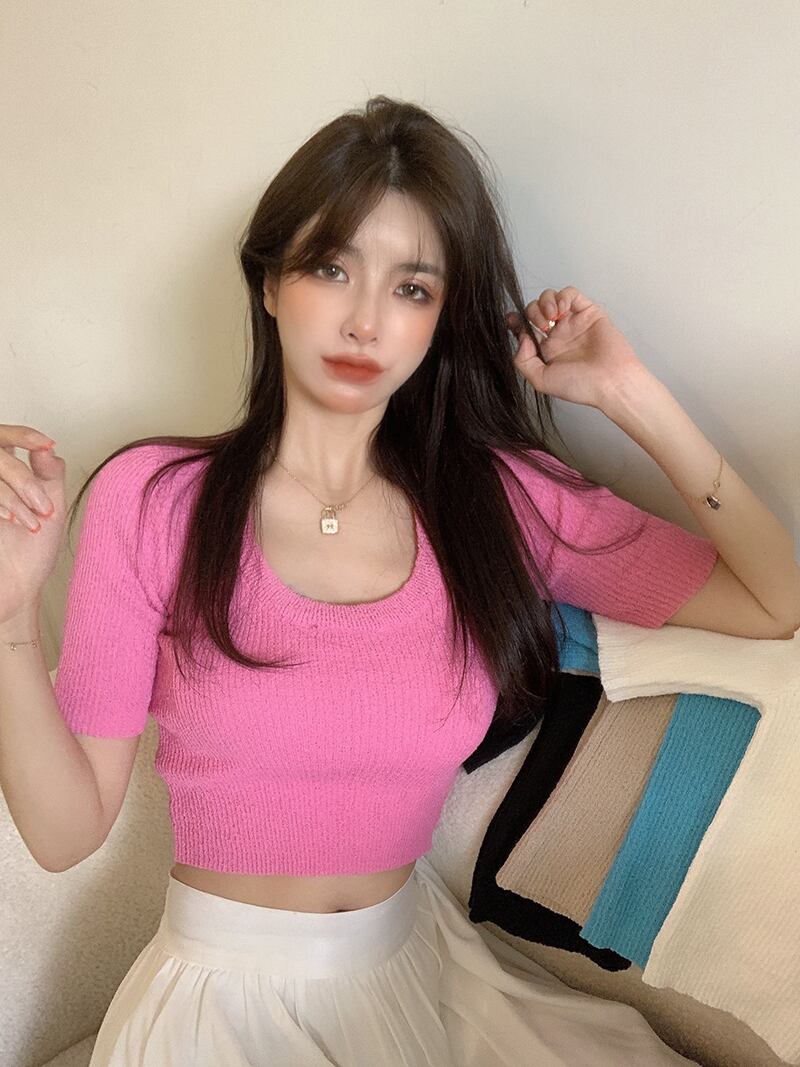 ニットTシャツ シャツ サマー薄手ショートトップス ピンク 夏物 シルク ピュア ブラックストロベリース97001717945