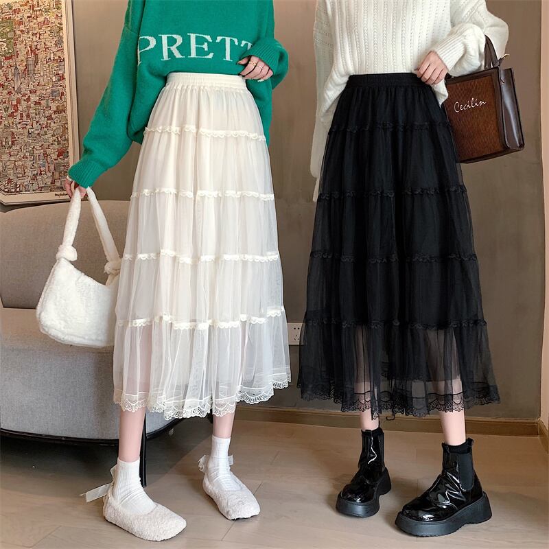 【着用レビュー】スカート レディース 2色 ロングスカート フレアスカート チュールスカート ティアードスカート レーススカート ミモレ丈 Aライン ウエストゴム かわいい 大人可愛い きれいめ フェミニン おしゃれ お洒落 おとな ナチュラル キュート ガーリー 学生 通学 デート お出かけ 女子会 旅行 アプリコット ブラック 春 夏 秋 冬 10代 20代 30代 韓国 韓国系 着回し 普段使い 重ね着 体型カバー コーデ 送料無料 韓国ファッション フレンチファッション キュート