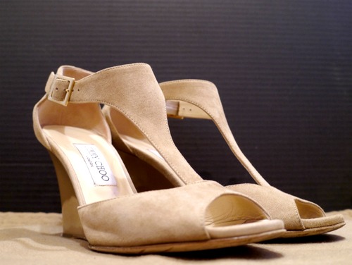 美品★JIMMY CHOO ジミーチュウ スエード ストラップ ウエッジソール サンダル 38 BG★