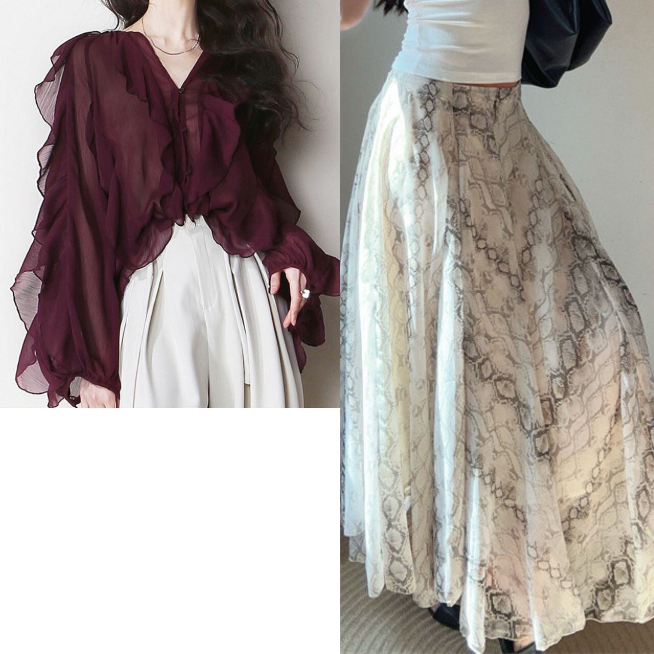 【2set】Sheer Flare Blouse & Patterned Skirt L00910