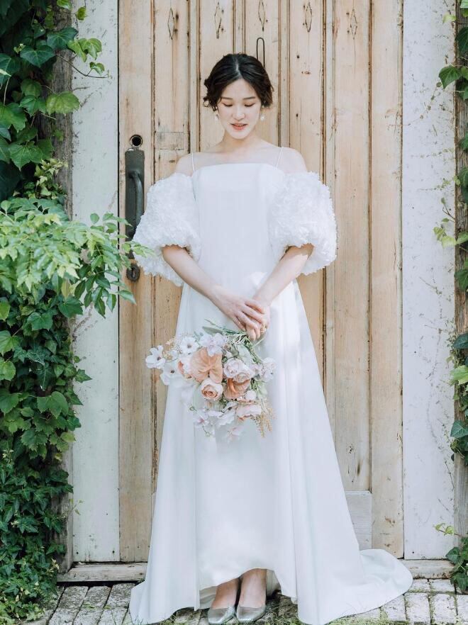 ウエディングドレス キャミソール 姫袖 可愛い くるみボタン 妊婦  