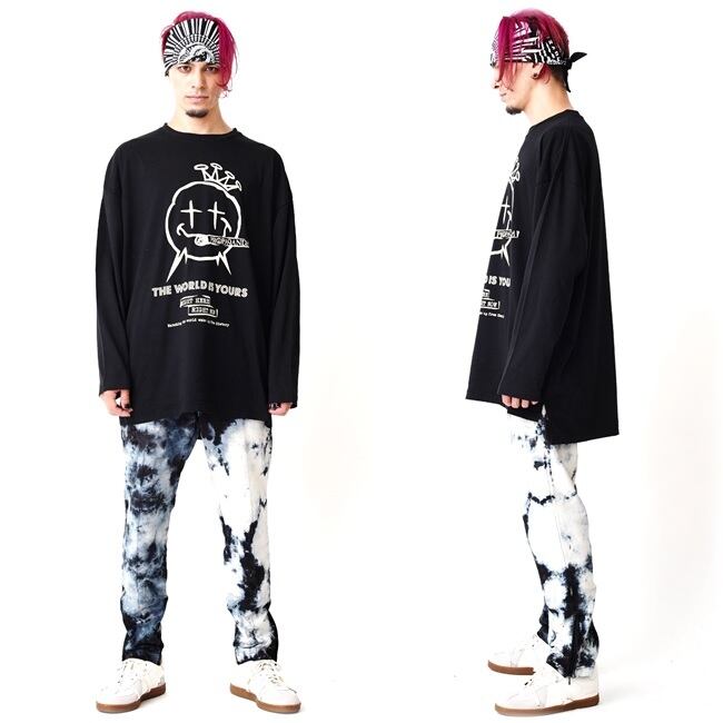 Propa9anda プロパガンダ Pekenico Crown L S Tee Bigサイズロンｔ ビッグｔシャツ ワンピース ロング丈 長袖 ニコちゃん スマイル 黒白 ブラックホワイト スカル ドクロ 大きいサイズ メンズレディース パンクロック Punk Rock バンド ギフト無料 ステージ衣装 Rogia