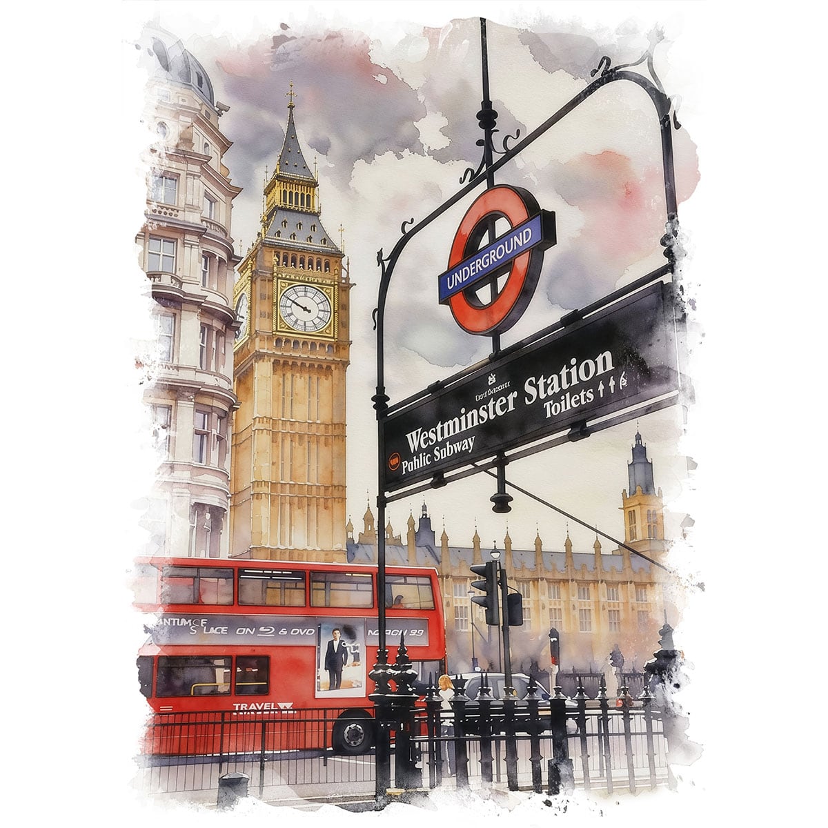 絵画 イギリス 風景画(街並み) ウェストミンスター駅の入り口とビッグ