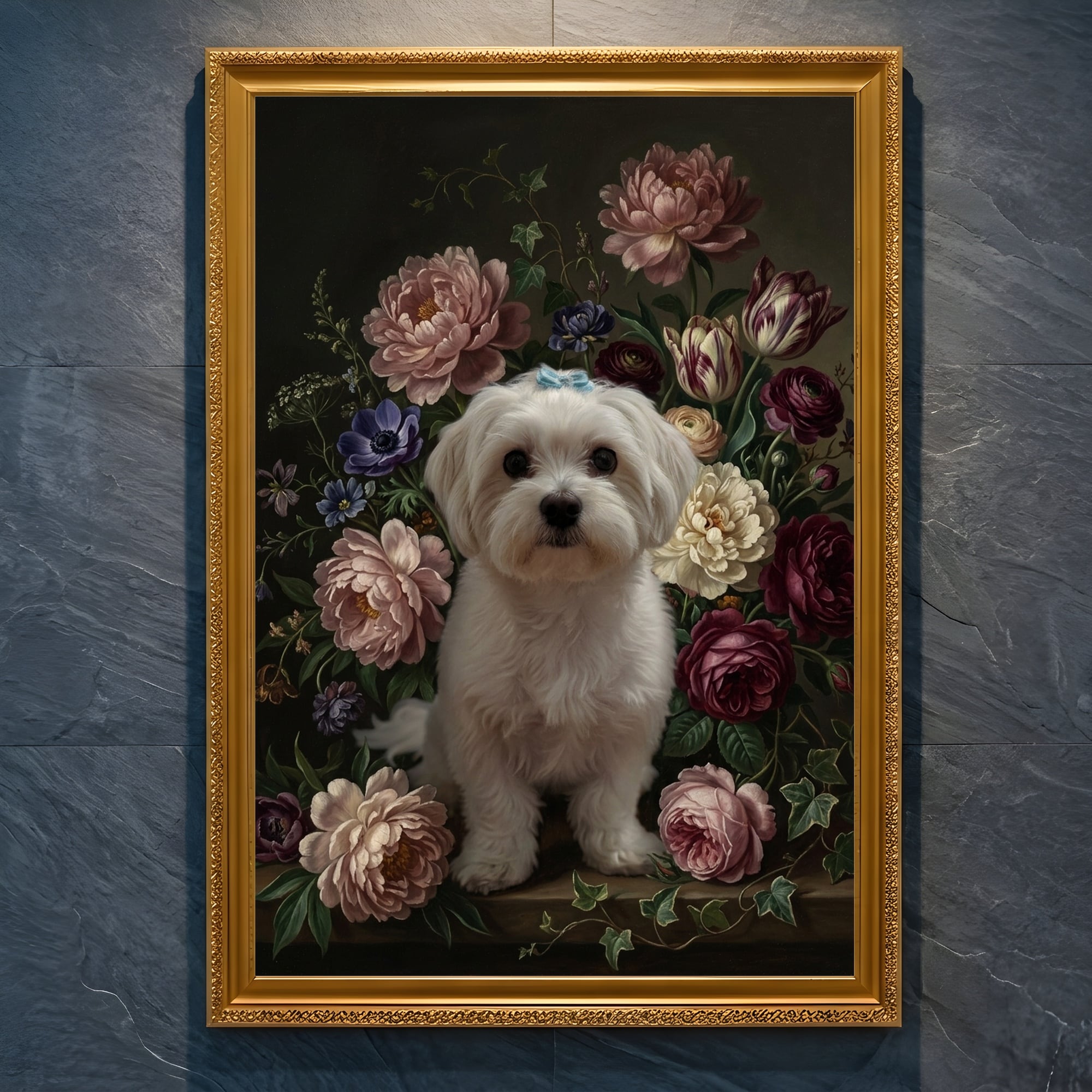 犬（マルチーズ）の花に囲まれた油絵風アート A4金縁額装インテリア