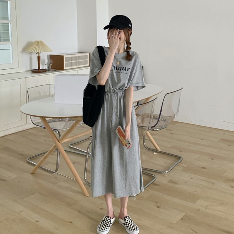 グレーTシャツ ドレス サマーギャザーウェストカジュアルロングスカート 大人ガーリー スウィート キュート 夏物 スーパーモール96961168625