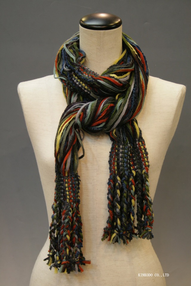 紐襟巻き（歌舞伎・KABUKI）手染めの天然素材の紐を使った手織りの襟巻き