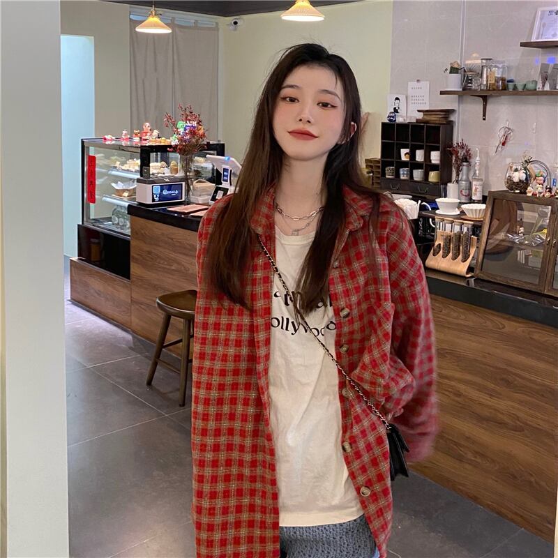 スタンダード格子柄シャツ レディースルーズジャケット オータムレッドトップス ロング レトロ 秋物 ブラックストロベリース58679196514