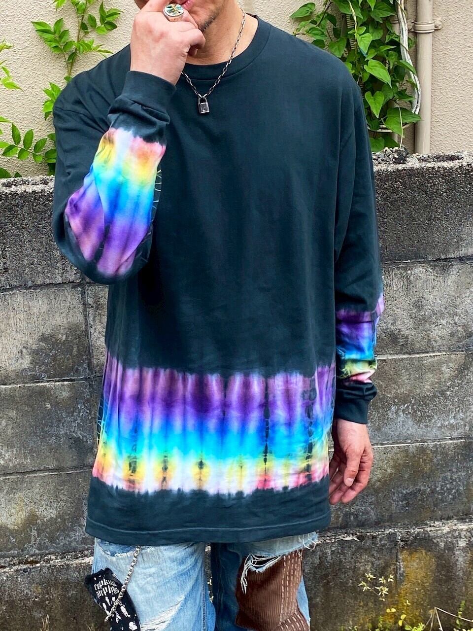 タイダイ Tie-dye 長袖Tシャツ XXLサイズ ブラック×レインボー HIPPIES