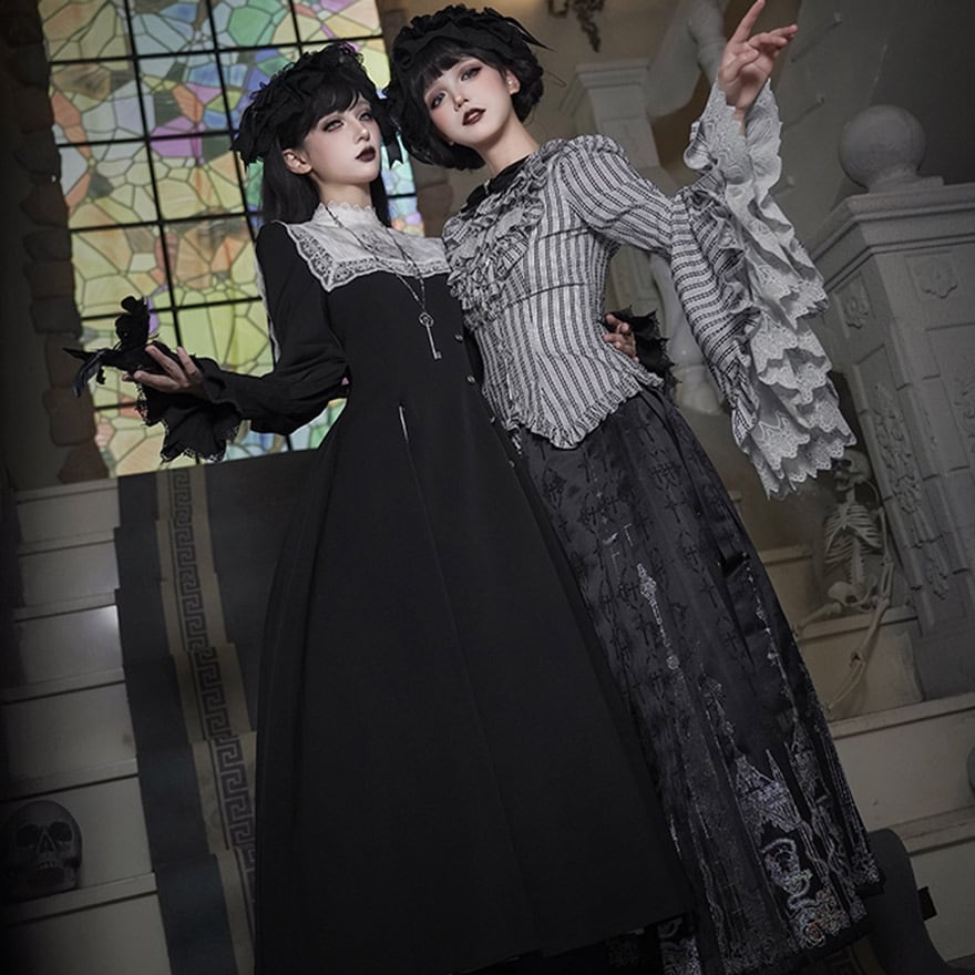 ゴスロリ 6点セット ストライプ姫袖×コルセット×ボンネット 黒白