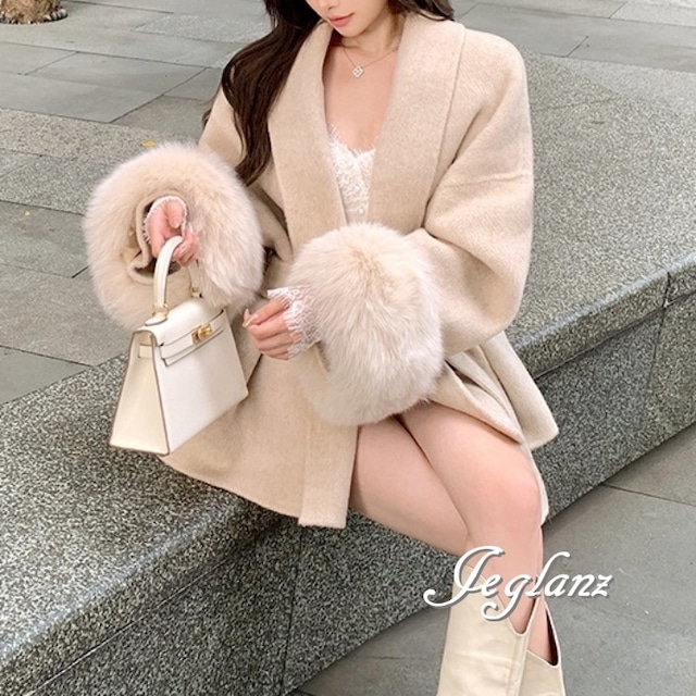 ハーフ丈 ニット コート 襟付き ボリュームファー 共ベルト 2色（MB280）τ