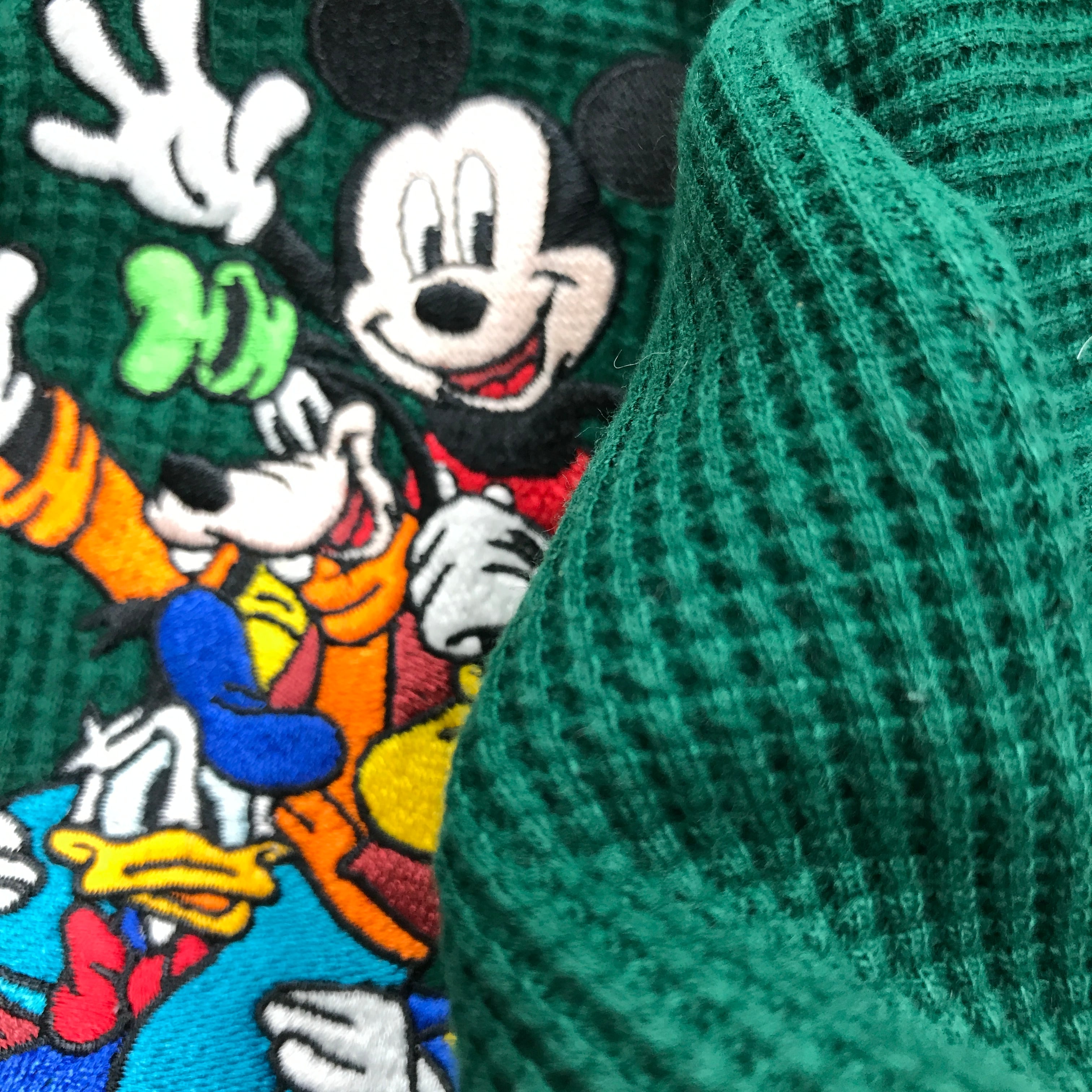 90年代 THE Disney STORE ディズニー ミッキーマウス グーフィー ドナルド刺繍コットン100長袖サーマルワッフル プルオーバー  グリーン MEDIUM