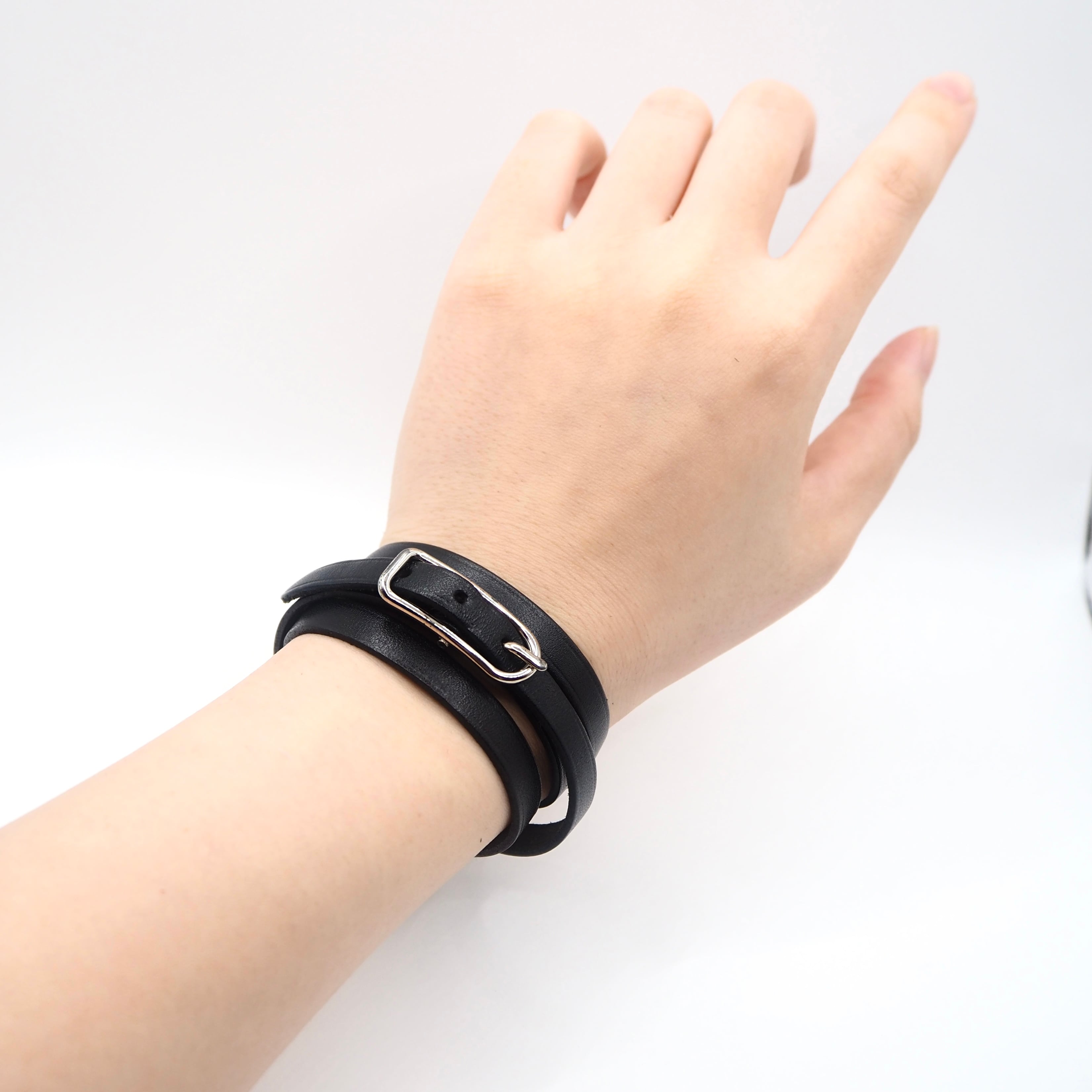 HERMES アピ レザー ブレスレット チョーカー ブラック メタル レザー