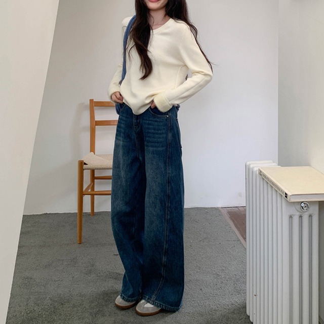 fleece-lined high-waist denim pants　J00373